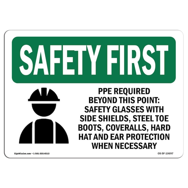 OSHA Sign, PPE Required Beyond This Point-, 5in X 3.5in Decal, 10PK, 5" W, 3.5" H, Landscape, PK10